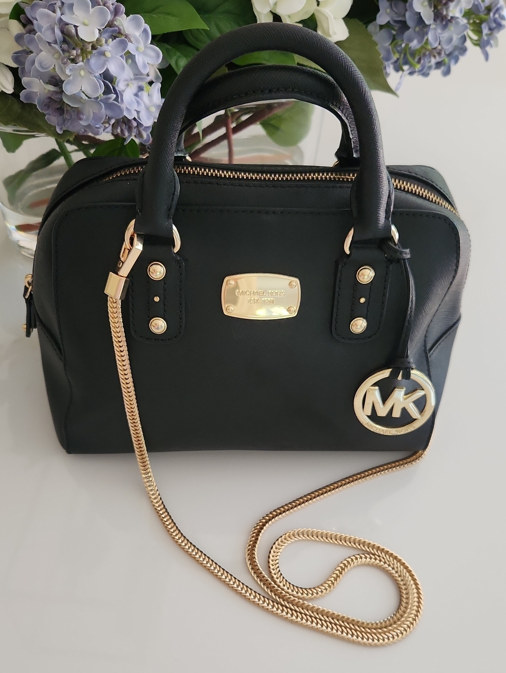 Michael Kors Black Satchel with Gold Hardware and Chain Strap